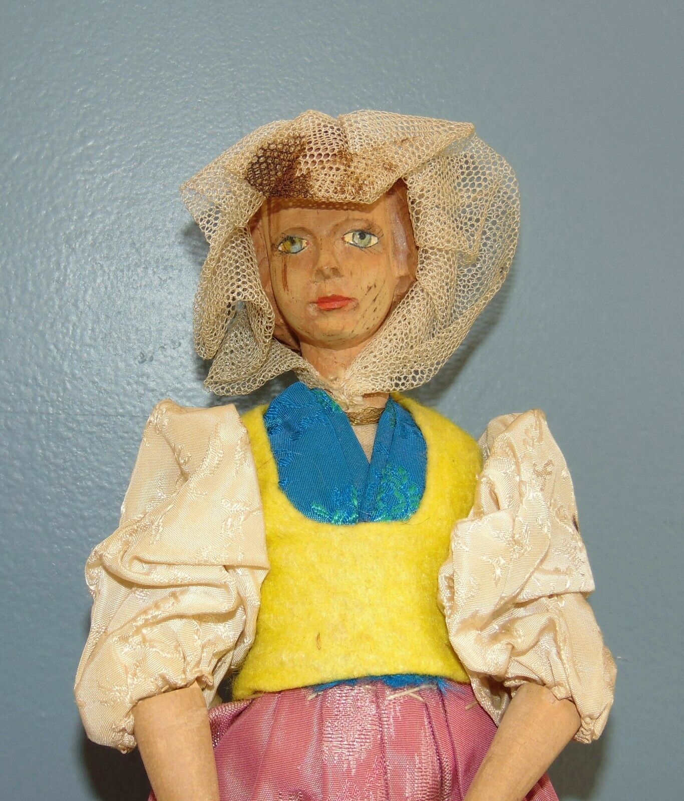 Vintage SWISS DOLL Carved Wood JOINTED Has Wear LOT J