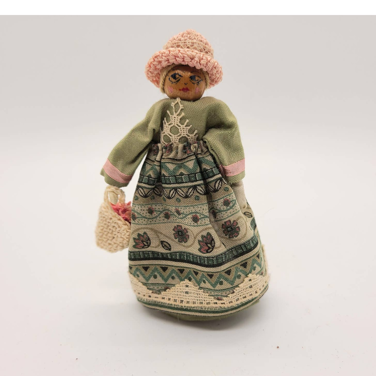 Handmade Doll Signed Wood and Crochet