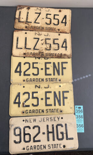 5 Vintage NJ New Jersey Garden State License Plate Set Tan Straw/ Black