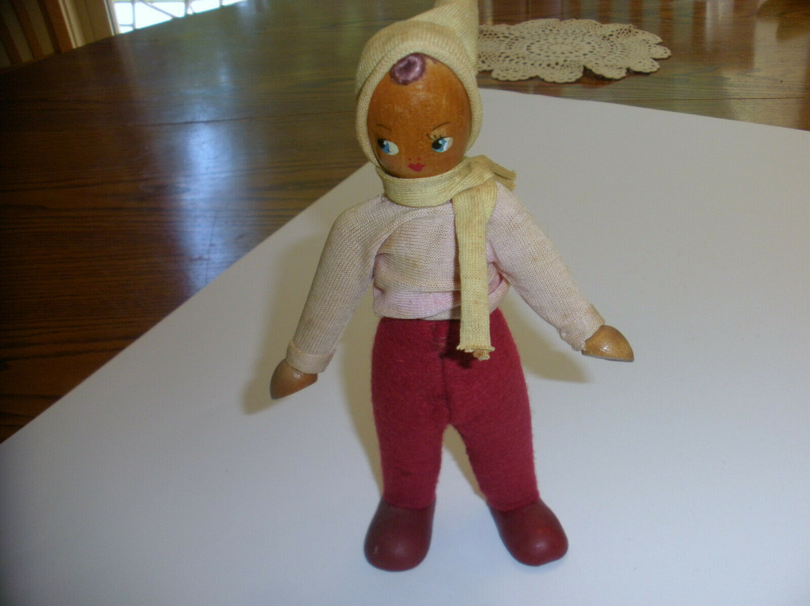 Vintage Wooden Girl Doll From Poland, Hand Painted Face.Movable Arms & Legs